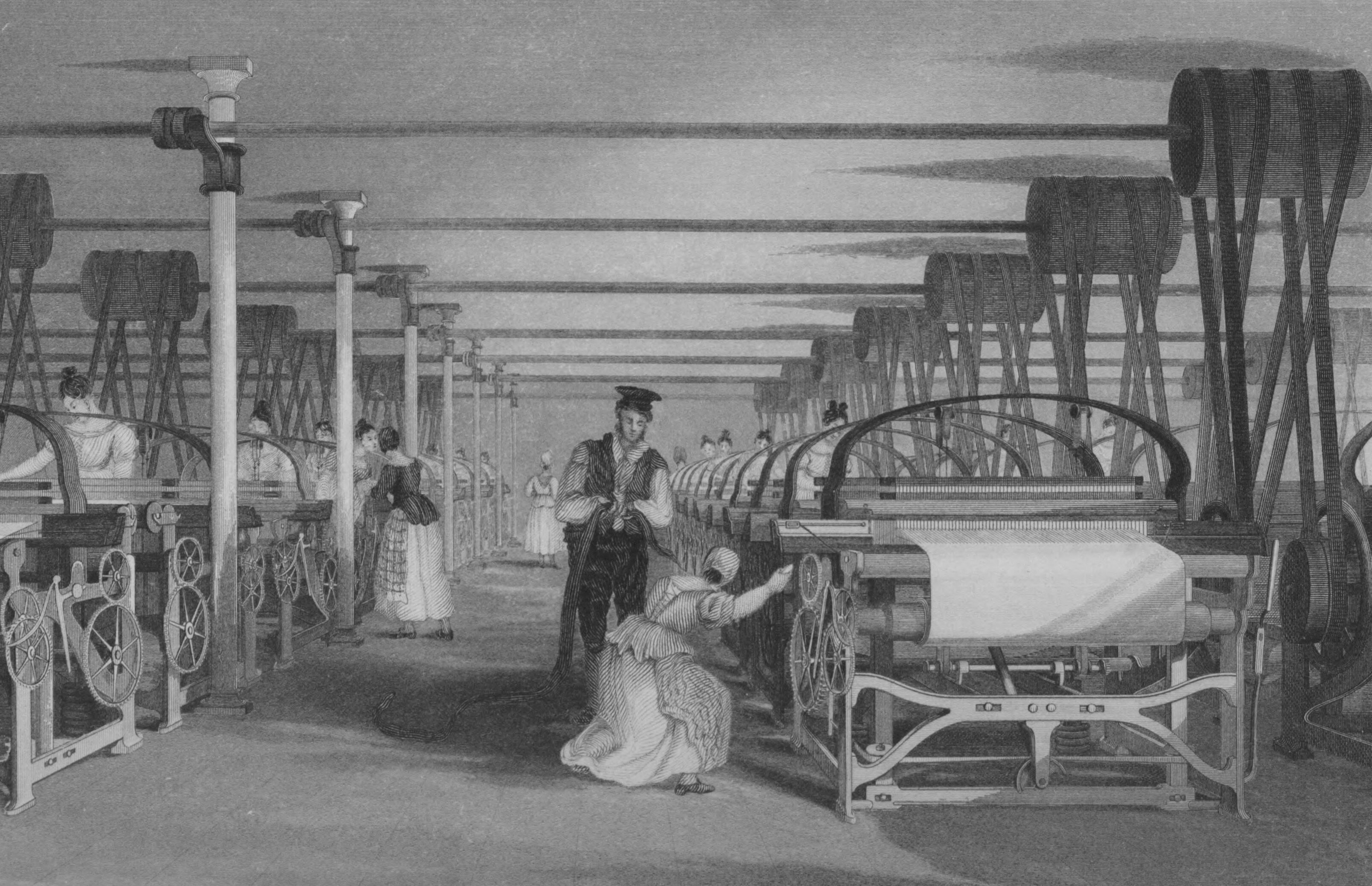 A weaving shed in the UK in 1835. During the Industrial Revolution, the textile industry was the first to adopt modern production processes. 