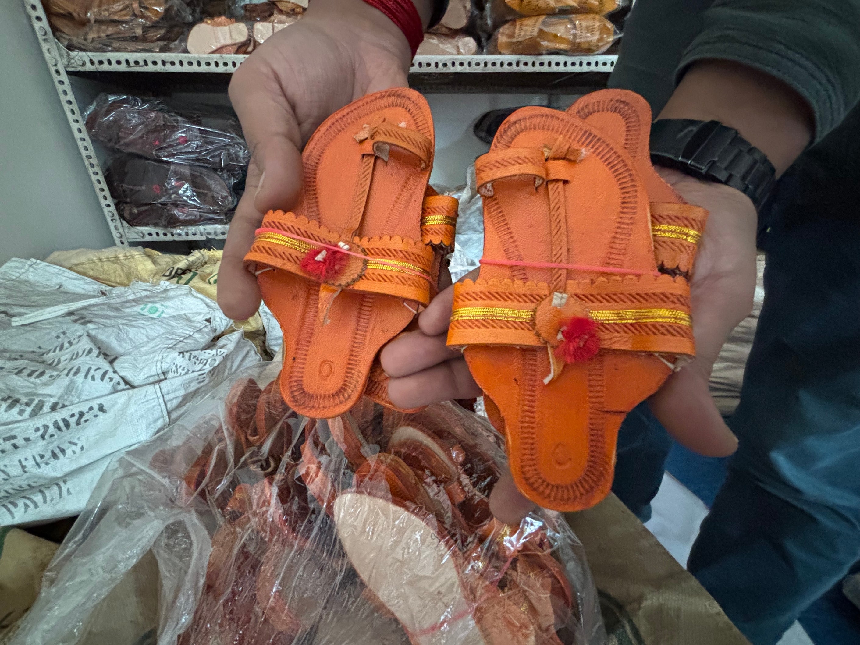 A pair of Kolhapuri chappals for children in the storage room of trader Shashikant Tulsidas Vhatkar’s home in Kolhapur city. A pair of Kolhapuri chappals for children in the storage room of trader Shashikant Tulsidas Vhatkar’s home in Kolhapur city.