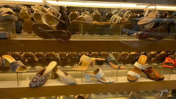 Shoes inspired by the classic Kolhapuri design on display in an upscale store at Bandra’s Linking Road market, Mumbai.